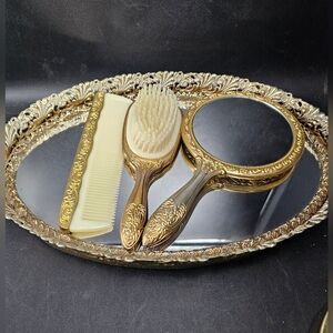 Elegant Gold Vanity Set with Mirror, Brush, and Comb
